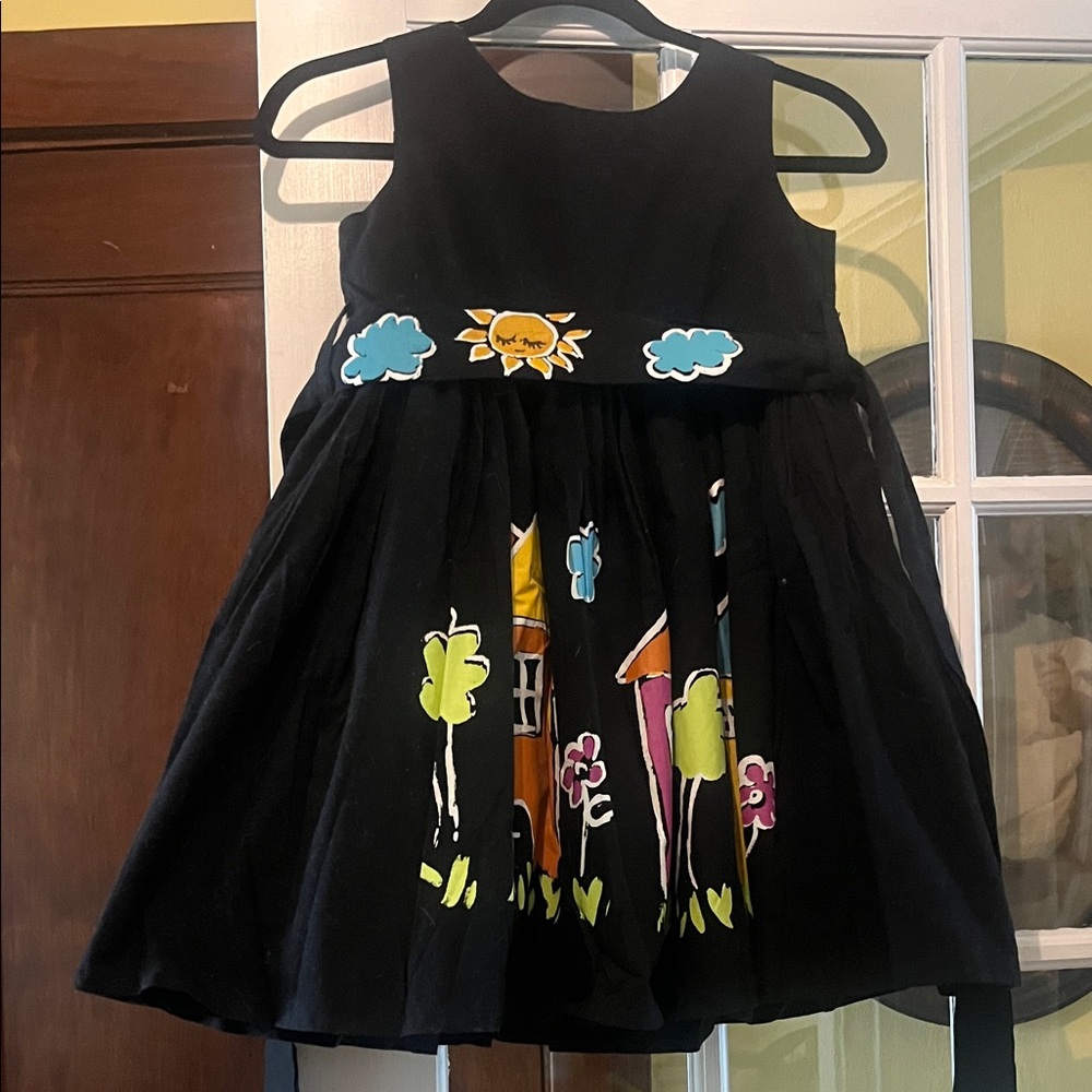 Playful Black Kids Dress with Colorful House Print